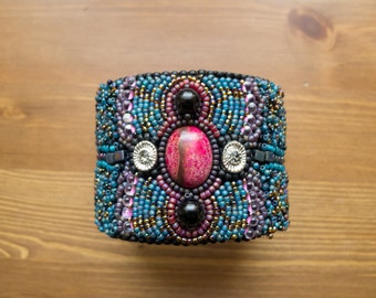 Bead Embroidered Jasper and Onyx Cuff Bracelet