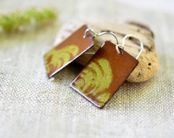 Dangle enamel earrings - brown and chartreuse rectangular earrings - artisan jewelry by Alery
