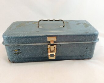 Vintage Turquoise Metal Fishing Tackle Box, Vintage Metal Storage Box