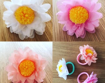 Flower pom pom hair tie