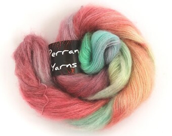 Laceweight kid mohair silk yarn, handdyed Perran Yarns lace knitting crochet wool, Unicorn Clouds, rainbow variegated fine multicolour yarn