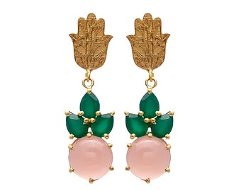 Beautiful Pink Chalcedony & Green Onyx Gemstone 925 Sterling Silver Gold Plated Earring Hamsa Hand