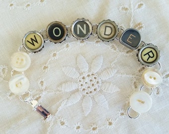 WONDER Typewriter Bracelet, Antique Typewriter Jewelry, Silver Bracelet, Upcycled Typewriter Keys, Repurposed Button Jewelry, Funky Types
