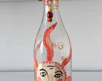 Hand Painted Glass Bottle - Great for Olive Oil- Vinegar - Soap Dispenser - Home Decor