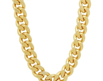 14K Gold Plated 11mm Curb Chain with Diamond Cuts, Cuban Link, Thick Hip Hop, High Fashion, Gangster Chain Necklace
