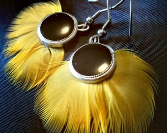 Yellow Parrot feather earrings.