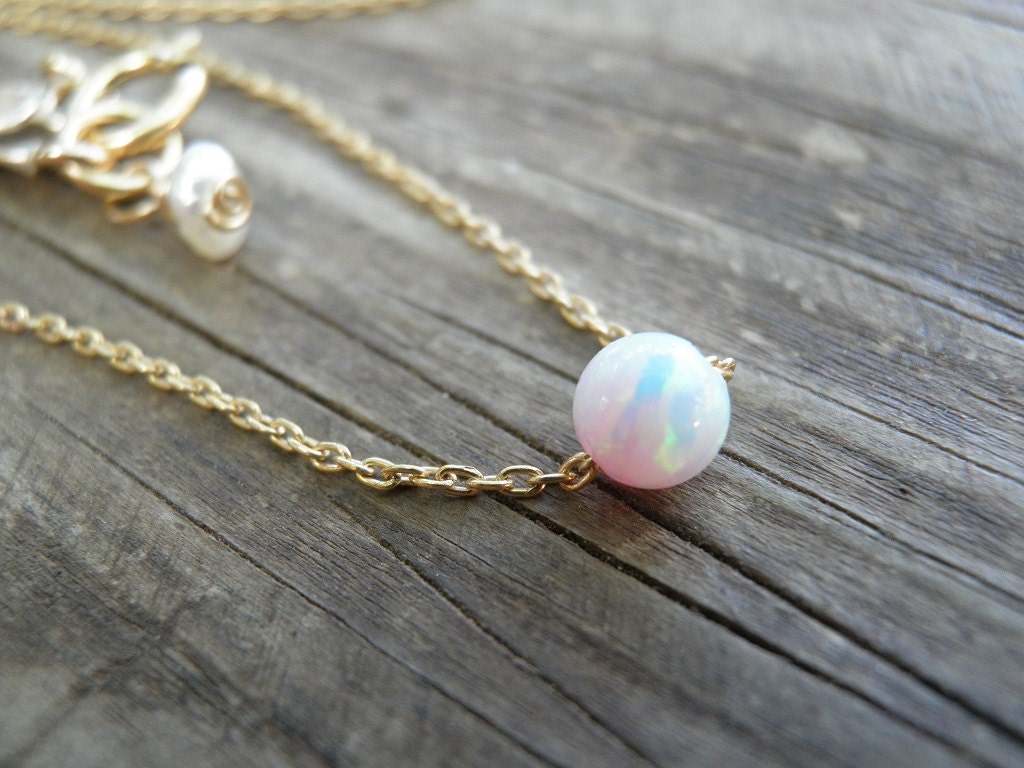 White Pink Opal Necklace Tiny One 4mm Opal Necklace Gold