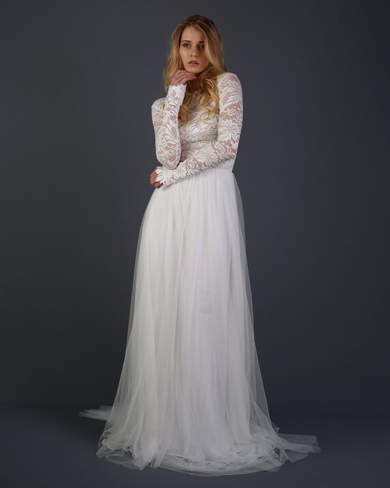 Long Sleeve Boho Wedding Dress with Silk Chiffon and Soft