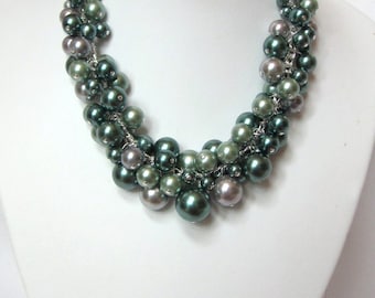 Pearl Cluster Necklace in "Shades of Green and Silver" - Chunky, Choker, Bib, Necklace, Wedding, Bridal, Bridesmaid, Prom, Fun