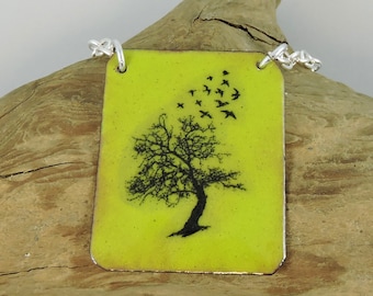 Tree & Birds Enameled Copper Necklace, Copper Necklace, Metalwork Jewelry, Tree Jewelry, Bird Necklace, Nature Jewelry
