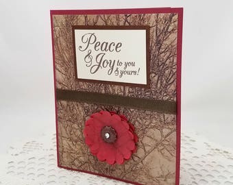 Peace and Joy Card - Holiday Card - Brown and Red Christmas Card - Thanksgiving Card - Red Flower - Blank Card - Seasonal Card