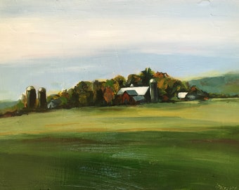 Oil painting of Vermont landscape, farm in summer.