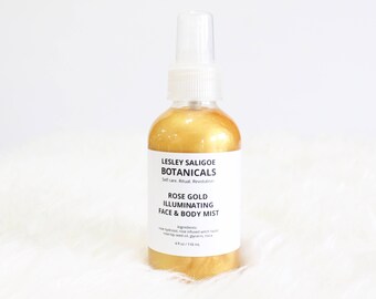 Rose Gold Illuminating Face and Body Mist. Glittering Make Up Setting Spray. All Over Shimmering Herbal Finishing Spritz.