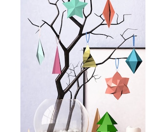 Printable DIY template (PDF). Christmas decorations Low poly style. Origami. Papercraft. Cardboard decorations.