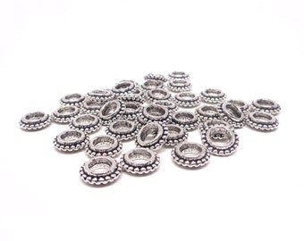 25/50pcs 8mm Antique silver bead separators - Flat round - Alloy - Large hole metal beads 4mm - Tibetan Style - Lead Free