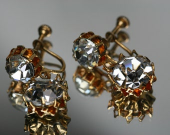Vintage Gold Tone and Rhinestone Earrings - Screw Back