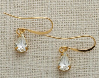 Crystal & Gold Tear Drop Earrings French Hook Diamond Clear Rhinestone Wedding Earrings Bridesmaid Gift Handmade 10mm 6H