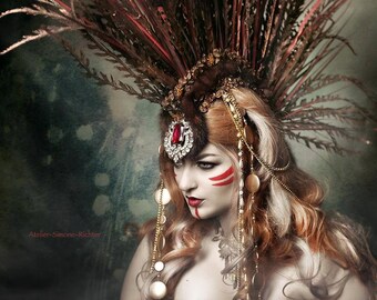 Ready to Ship huge impressive Mohawk Headdress gold warrior fur Trim Headpiece Lady Gaga