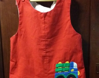 Little boy red vintage dump truck rompers, size 4T