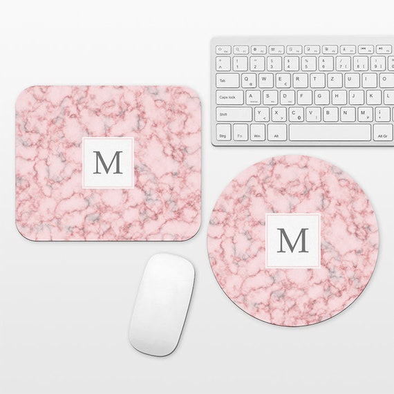 Pink Marble Monogram Mouse Pad Custom Mousepad Personalized Letter Initial Mouse Mat Round Circle Rectangular Cute Unique Mouse Pad for Her