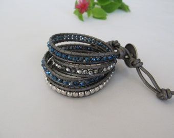Navy Blue Wrap Bracelet, 4 x Wrap Bracelet, Denim Blue w/Dark Gray Bracelet, Blue Wrap Bracelet, Boho Chic Wrap Bracelet, Bohemian Jewelry