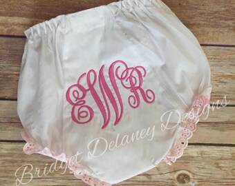 Monogrammed infant bloomers pink or white eyelet lace ruffled diaper cover
