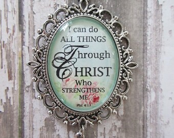 I Can Do All Things Through Christ Phil 4:13 Vintage Rose Glass Filigree Pendant Necklace With Silver Cross Charm
