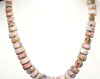 Pink Peruvian Opal, Pyrite and Cloisonné Designer Necklace