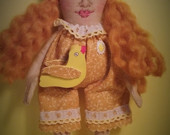 Sweet Little Mary and Her Friend Tweet ~ One of a Kind ~ Primitive ~ Folk Art ~ Little's Collectible Doll