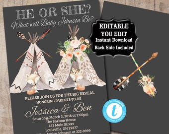 Teepee Fox Gender Reveal Invitation Baby Shower Invitation emplate, Editable, Boho Tribal Boy or Girl, He or She Teepee Baby Shower 035