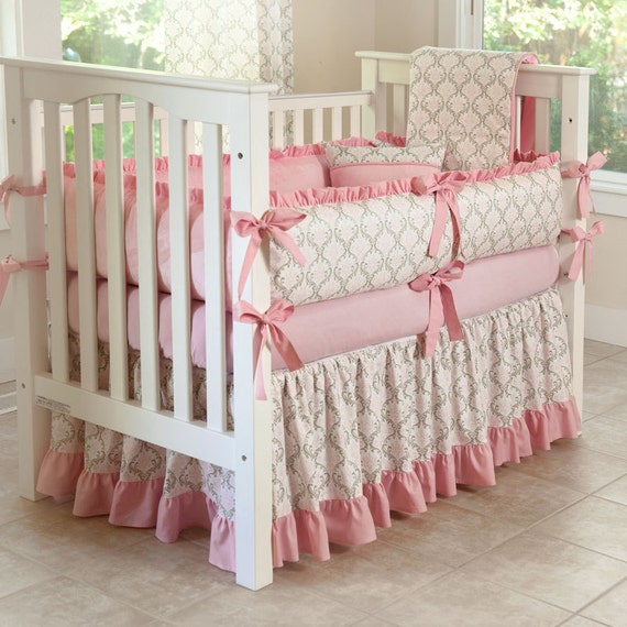 Designer Custom Made Damask Baby Pink Crib Bedding Set