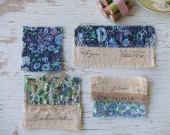 FaBRic EmBElliShMents - Liberty fabric - hand stamped - Paris stamps - shabby chic elegance - Fabric squares - scrap fabric
