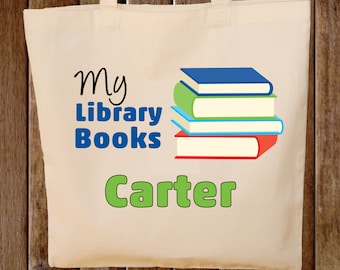 Library Book Bag Tote Bag Boys Tote Bag - Any wording -- Library Books Tote Bag
