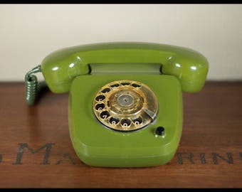 Vintage telephone, rotary dial phone, made in germany, Krone, bottle green, retro, interior decoration, home decor