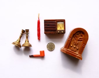Dollhouse Radio, Miniature Pipe, Dollhouse Candle Sticks, Miniature Buffalo Nickel, Miniature Candle, Dollhouse Accessories