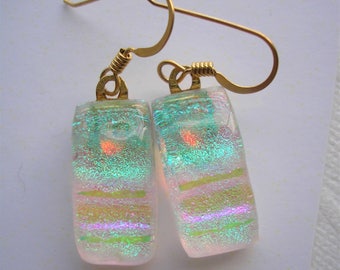 Butterfly Wing Iridescent Earrings, Dichroic Fused Glass Earrings, .925 Sterling Silver, Women's Earrings, Dangle Drop, Aqua Pink Green
