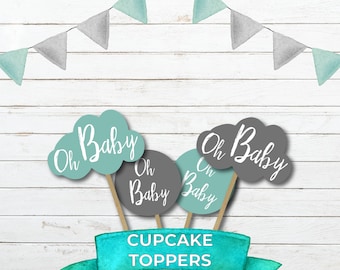 Cupcake Toppers - Cloud Toppers - Blue Cupcake Toppers - Oh Baby Toppers - Baby Shower Decor - Digital Download - Cloudy Oh Baby
