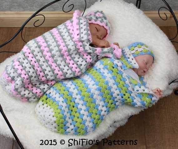 Download CROCHET PATTERN For Granny st Baby Cocoon Papoose & Hat in 3