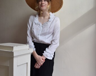 Ruffle Neckline White Blouse | Print Optional