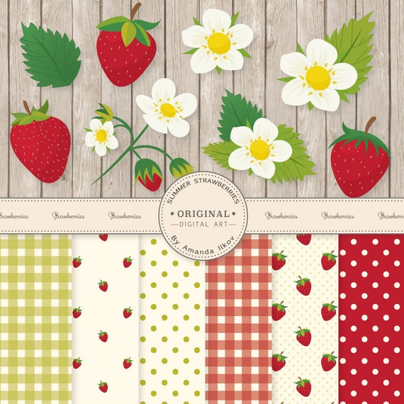 Premium Strawberry Clip Art & Strawberry Digital Papers Set