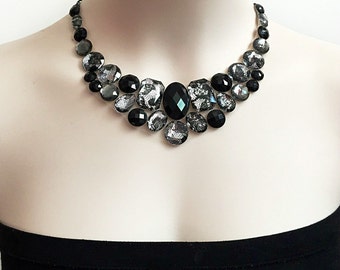 lacey and jet black bib rhinestone necklace, tulle bib necklace