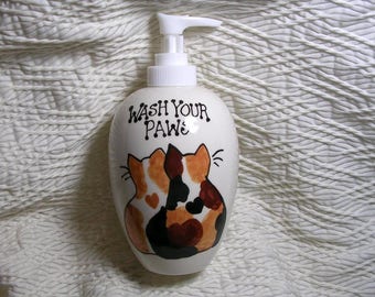 Calico And Ginger Cats Pottery Soap Dispenser Wash Your Paws Handmade by Grace M Smith