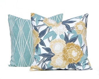 Euro Shams - Decorative Pillow Covers - Aqua Cushion Covers - Floral and Leaves in Gold and Aqua - Euro Pillow Shams - Teal Pillows