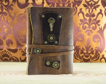 Mystic Leather Medieval Journal, Steampunk Journal, Mystery Book, Aged Paper, Vintage Brown Leather Journal, Soft Cover Journal