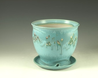 Pottery planter in turquoise glaze, flower, herb plant stoneware