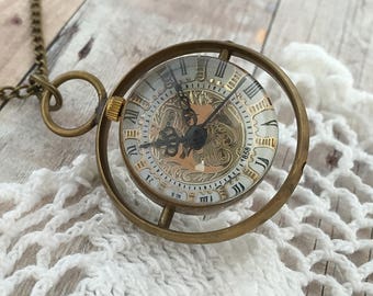 Rotating Orb Watch Time Turner Spinning Round Brass Pocket Watch Necklace Glass Bubble Sorcerer's Pendant Antique Bronze Chain Included 145