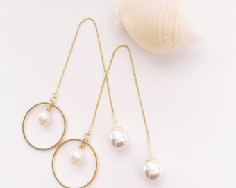 Threader Earrings, Pearl Earrings, Gold Plated Earrings, Sterling Silver Earrings, Mother's day Gift, Birthday Gift, Party Earrings