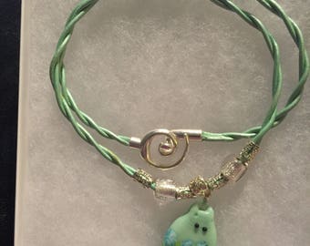 Mint green leather and kitty lampwork pendant, kitty necklace,