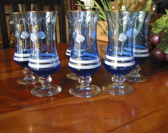 Beautiful Vintage Italian Design Hand Painted Blue Stemware Set of Six