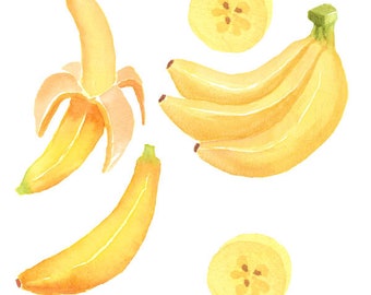 Watercolor Banana Set, Fresh, Tropical, Summer, Plant, Hawaiian, slice, Scrap-booking
